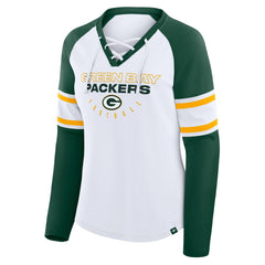 Green Bay Packers Women's Redzone Blitz Package Raglan Lace-Up V-Neck Long Sleeve T-Shirt - White/Green - Fanatics