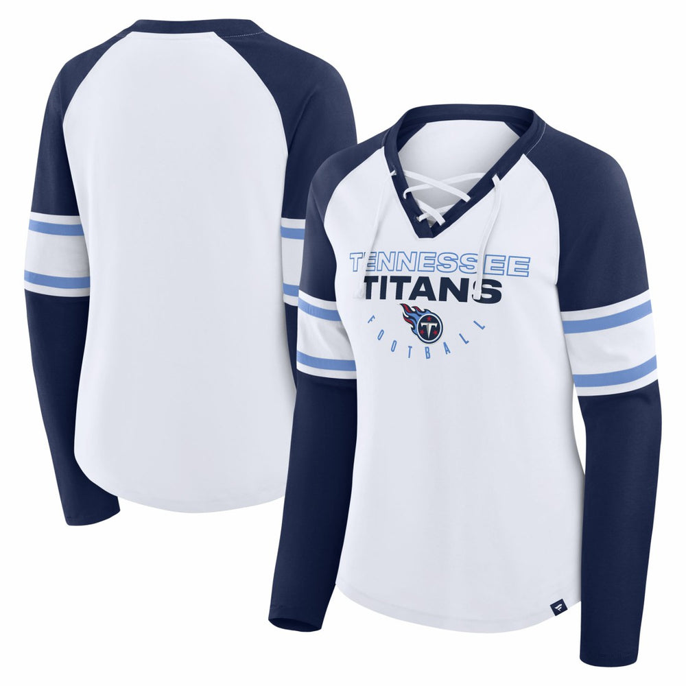 Tennessee Titans Women's Redzone Blitz Package Raglan Lace-Up V-Neck Long Sleeve T-Shirt - White/Navy - Fanatics