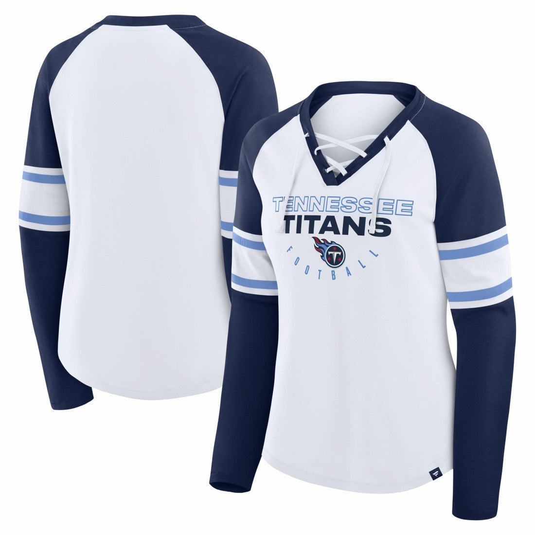 Tennessee Titans Women's Redzone Blitz Package Raglan Lace-Up V-Neck Long Sleeve T-Shirt - White/Navy - Fanatics