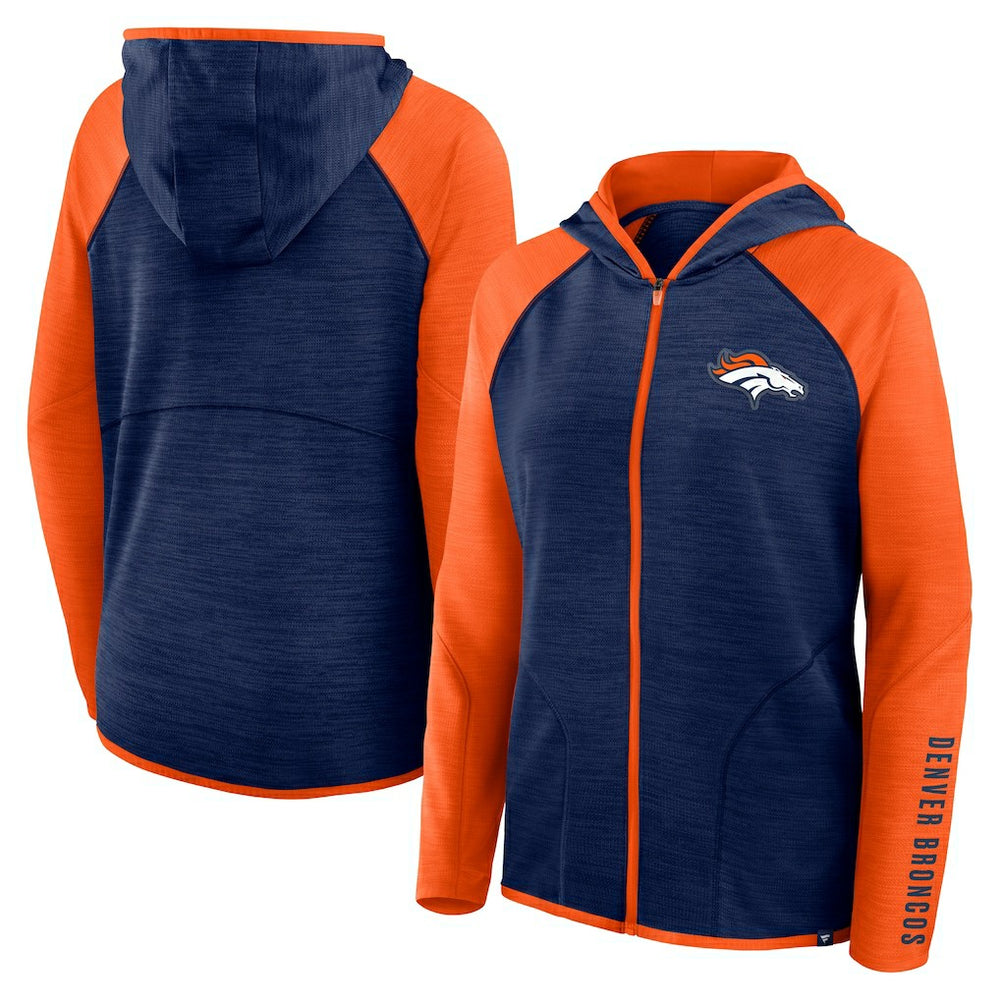 Denver Broncos Women's Redzone End Around Pass Raglan Full-Zip Hoodie - Navy/Orange - Fanatics
