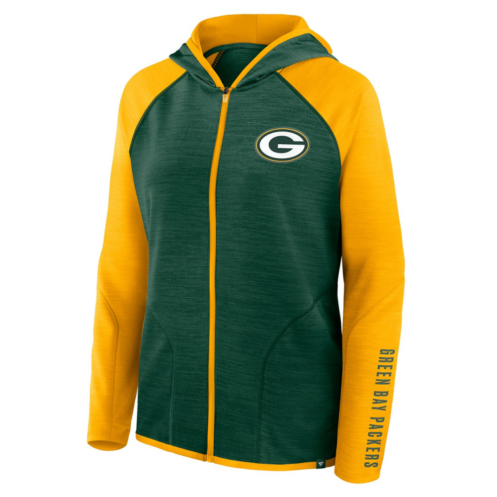 Green Bay Packers Women's Redzone End Around Pass Raglan Full-Zip Hoodie - Green/Gold - Fanatics