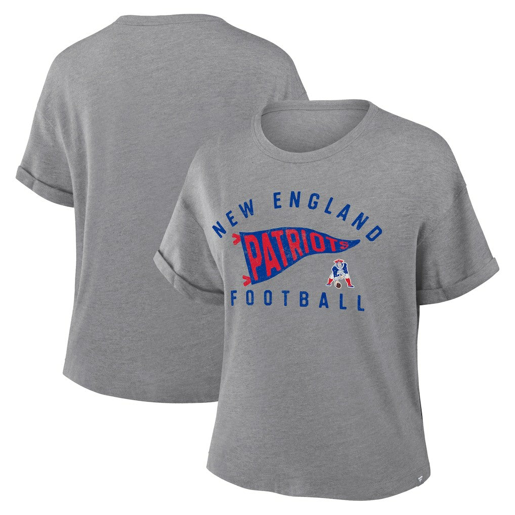 New England Patriots Women's Pennant Wave Tribute Tri-Blend Boxy T-Shirt - Heather Gray - Fanatics