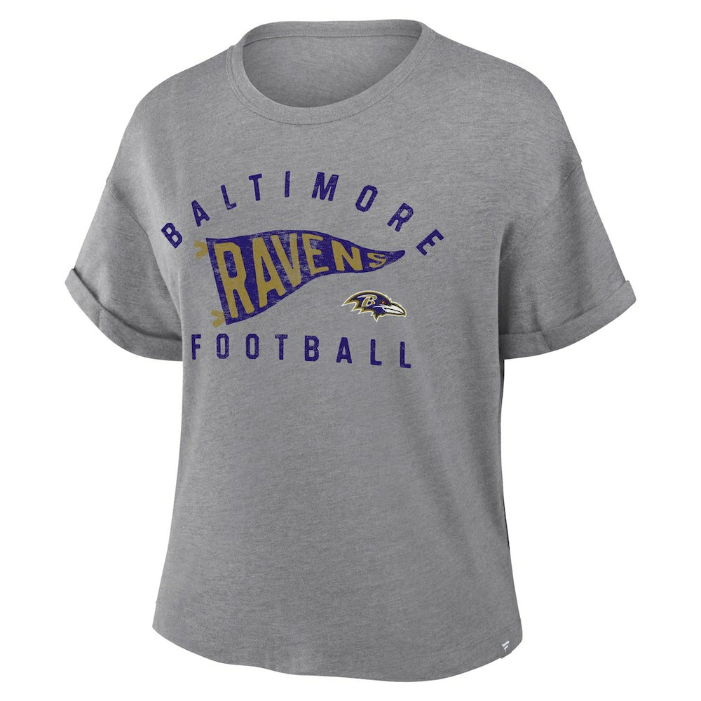 Baltimore Ravens Women's Pennant Wave Tribute Tri-Blend Boxy T-Shirt - Heather Gray - Fanatics