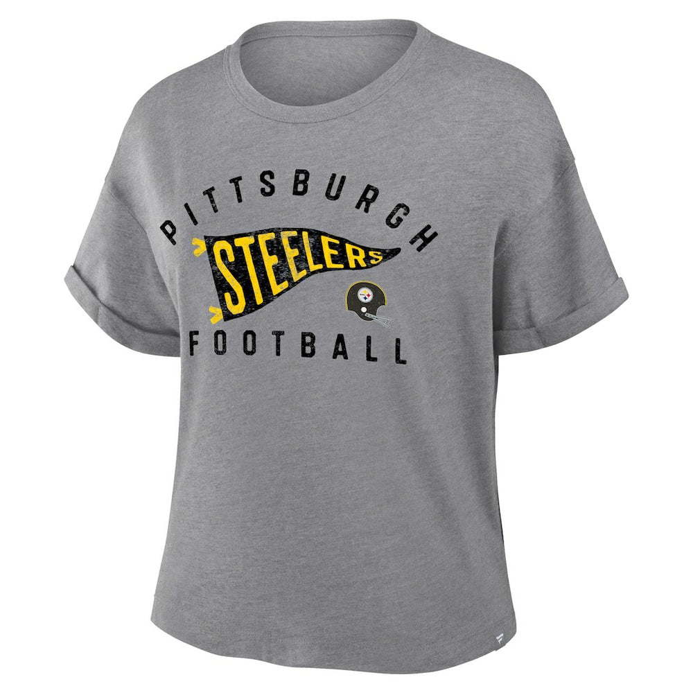 Pittsburgh Steelers Women's Pennant Wave Tribute Tri-Blend Boxy T-Shirt - Heather Gray - Fanatics