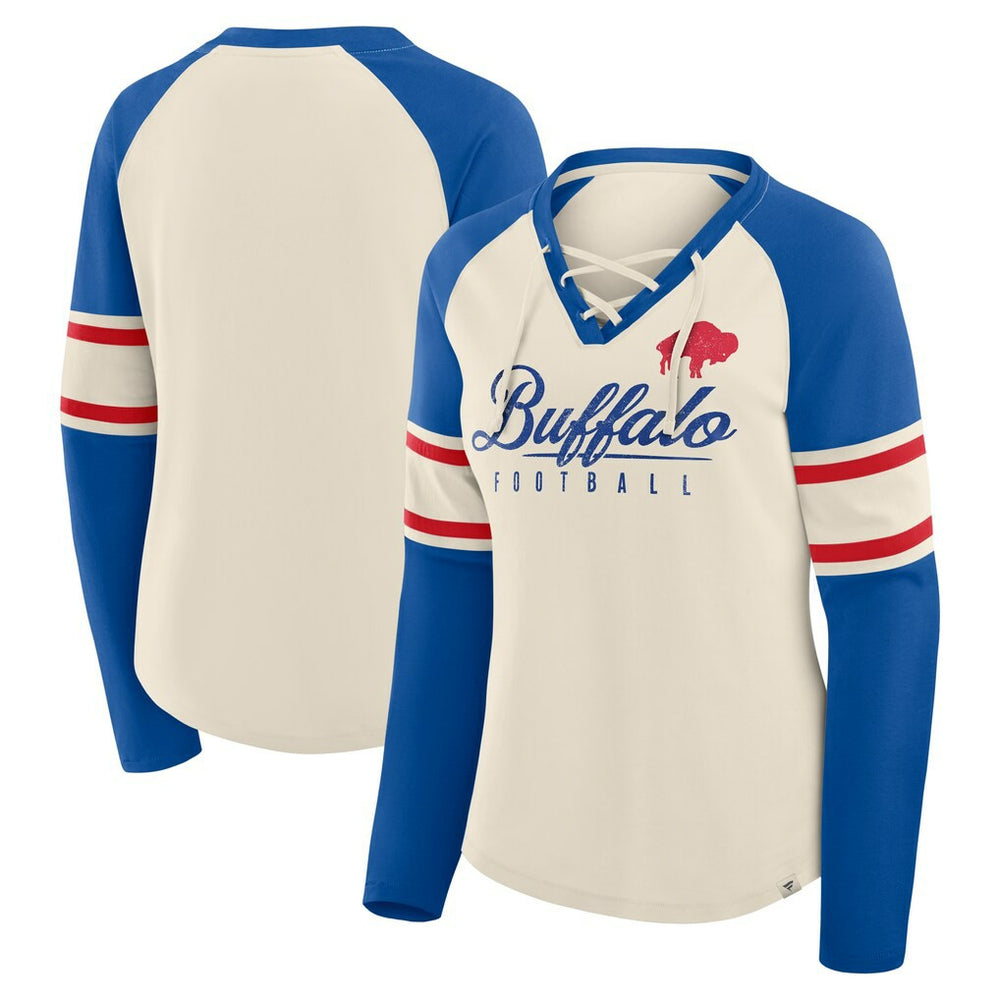 Buffalo Bills Women's Hometown Gridiron Hero Raglan Lace-Up V-Neck Long Sleeve T-Shirt - Cream/Royal - Fanatics