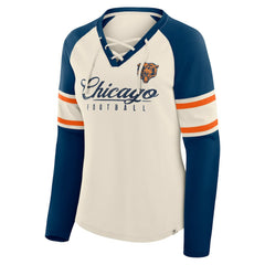 Chicago Bears Women's Hometown Gridiron Hero Raglan Lace-Up V-Neck Long Sleeve T-Shirt - Cream/Navy - Fanatics