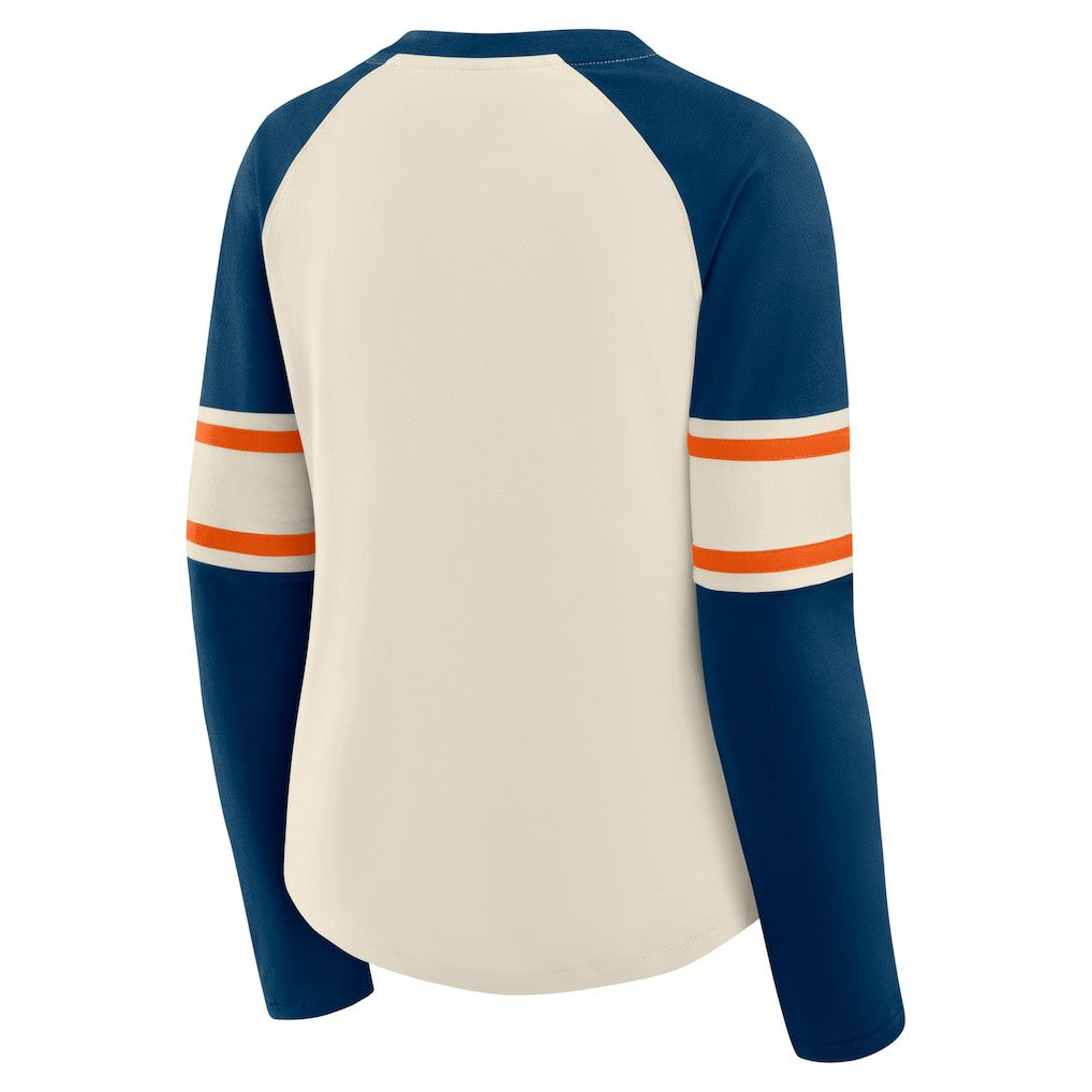 Chicago Bears Women's Hometown Gridiron Hero Raglan Lace-Up V-Neck Long Sleeve T-Shirt - Cream/Navy - Fanatics