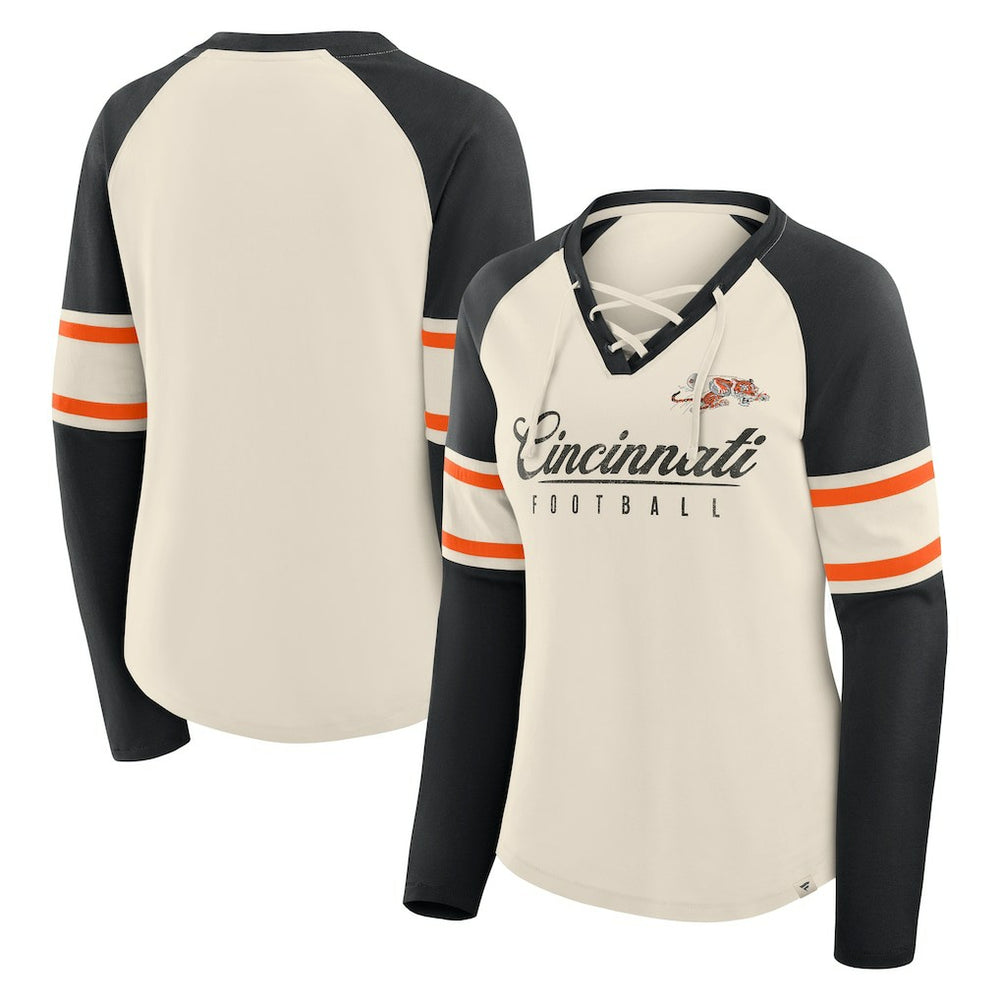 Cincinnati Bengals Women's Hometown Gridiron Hero Raglan Lace-Up V-Neck Long Sleeve T-Shirt - Cream/Black - Fanatics