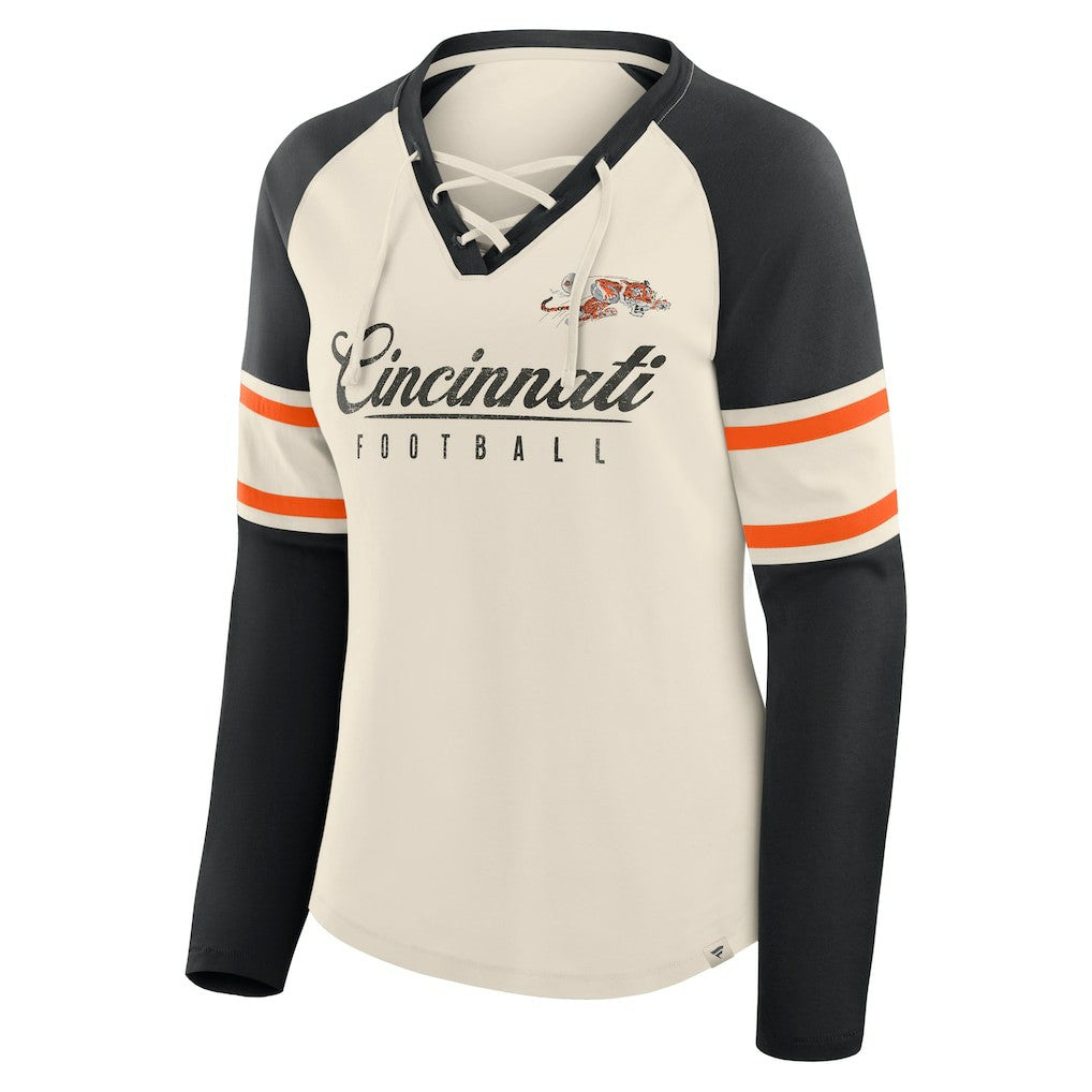 Cincinnati Bengals Women's Hometown Gridiron Hero Raglan Lace-Up V-Neck Long Sleeve T-Shirt - Cream/Black - Fanatics