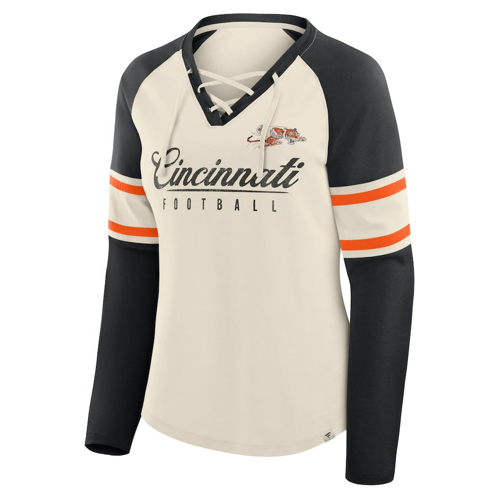 Cincinnati Bengals Women's Hometown Gridiron Hero Raglan Lace-Up V-Neck Long Sleeve T-Shirt - Cream/Black - Fanatics
