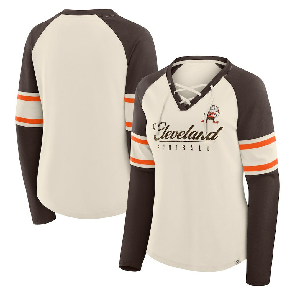 Cleveland Browns Women's Hometown Gridiron Hero Raglan Lace-Up V-Neck Long Sleeve T-Shirt - Cream/Brown - Fanatics