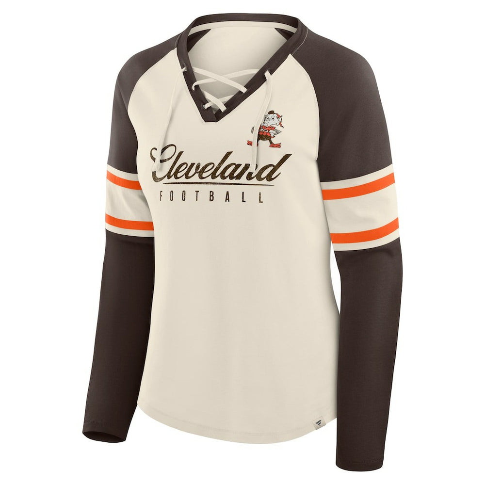 Cleveland Browns Women's Hometown Gridiron Hero Raglan Lace-Up V-Neck Long Sleeve T-Shirt - Cream/Brown - Fanatics