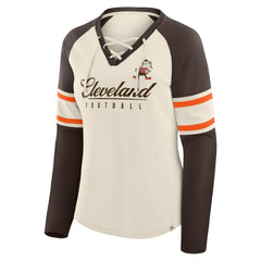 Cleveland Browns Women's Hometown Gridiron Hero Raglan Lace-Up V-Neck Long Sleeve T-Shirt - Cream/Brown - Fanatics