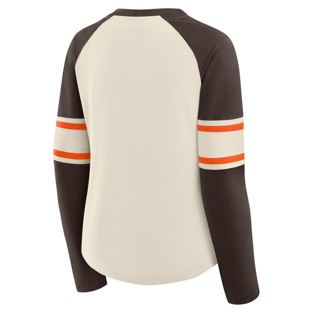 Cleveland Browns Women's Hometown Gridiron Hero Raglan Lace-Up V-Neck Long Sleeve T-Shirt - Cream/Brown - Fanatics