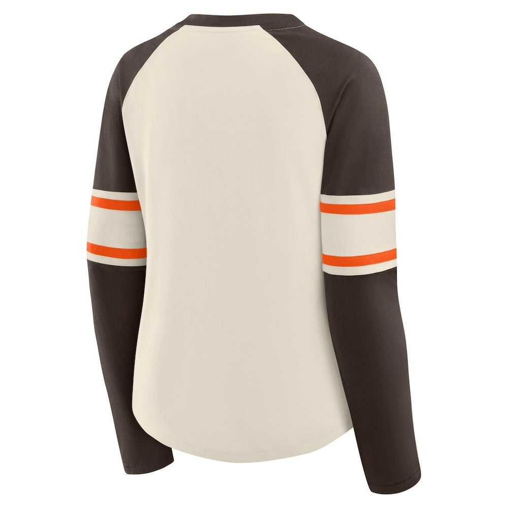 Cleveland Browns Women's Hometown Gridiron Hero Raglan Lace-Up V-Neck Long Sleeve T-Shirt - Cream/Brown - Fanatics