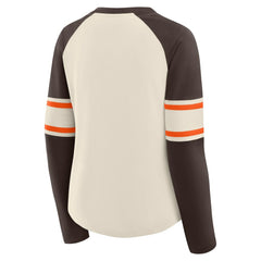 Cleveland Browns Women's Hometown Gridiron Hero Raglan Lace-Up V-Neck Long Sleeve T-Shirt - Cream/Brown - Fanatics