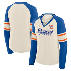 Denver Broncos Women's Hometown Gridiron Hero Raglan Lace-Up V-Neck Long Sleeve T-Shirt - Cream/Royal - Fanatics
