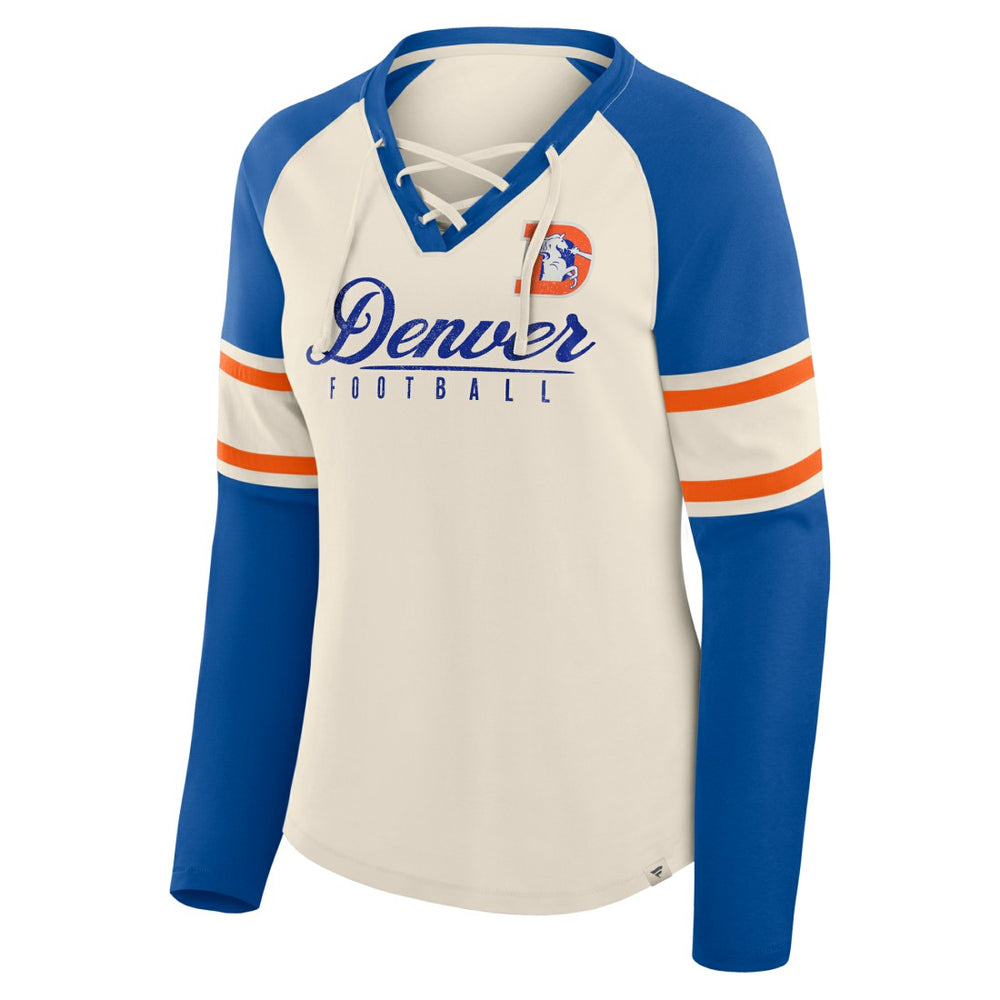 Denver Broncos Women's Hometown Gridiron Hero Raglan Lace-Up V-Neck Long Sleeve T-Shirt - Cream/Royal - Fanatics
