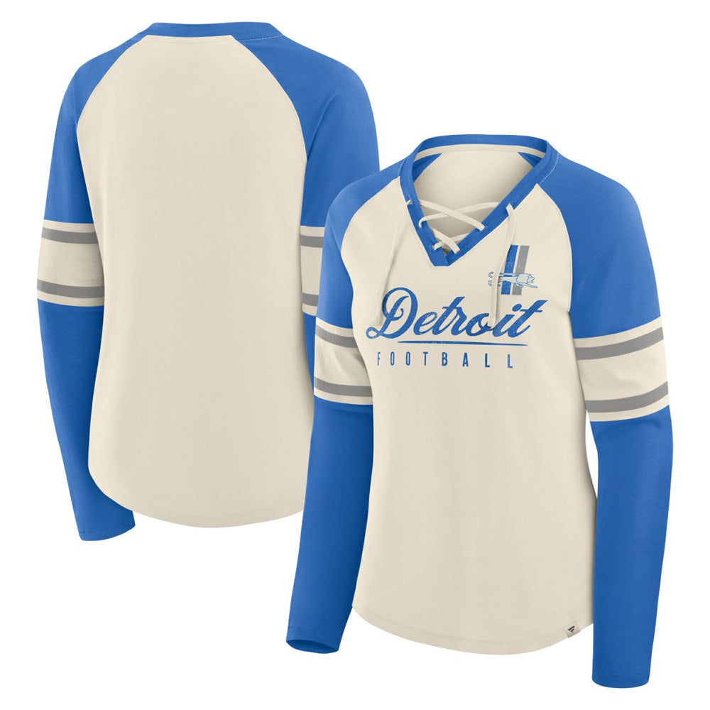 Detroit Lions Women's Hometown Gridiron Hero Raglan Lace-Up V-Neck Long Sleeve T-Shirt - Cream/Blue - Fanatics