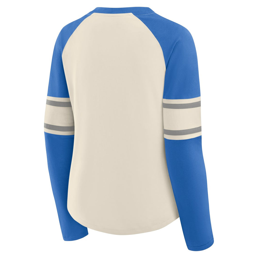 Detroit Lions Women's Hometown Gridiron Hero Raglan Lace-Up V-Neck Long Sleeve T-Shirt - Cream/Blue - Fanatics