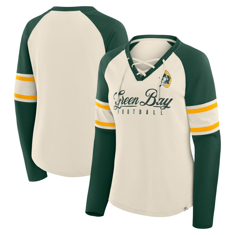 Green Bay Packers Women's Hometown Gridiron Hero Raglan Lace-Up V-Neck Long Sleeve T-Shirt - Cream/Green - Fanatics