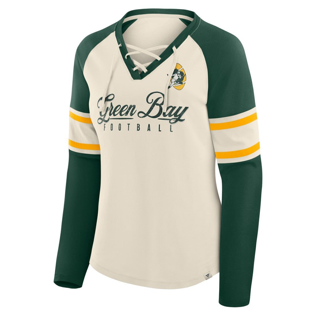 Green Bay Packers Women's Hometown Gridiron Hero Raglan Lace-Up V-Neck Long Sleeve T-Shirt - Cream/Green - Fanatics