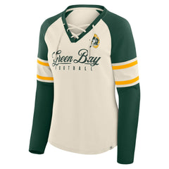 Green Bay Packers Women's Hometown Gridiron Hero Raglan Lace-Up V-Neck Long Sleeve T-Shirt - Cream/Green - Fanatics