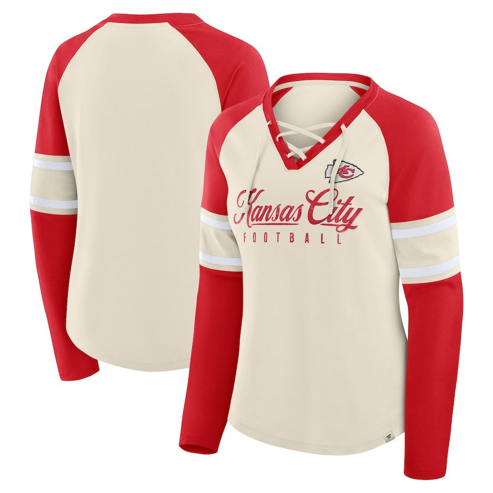 Kansas City Chiefs Women's Hometown Gridiron Hero Raglan Lace-Up V-Neck Long Sleeve T-Shirt - Cream/Red - Fanatics