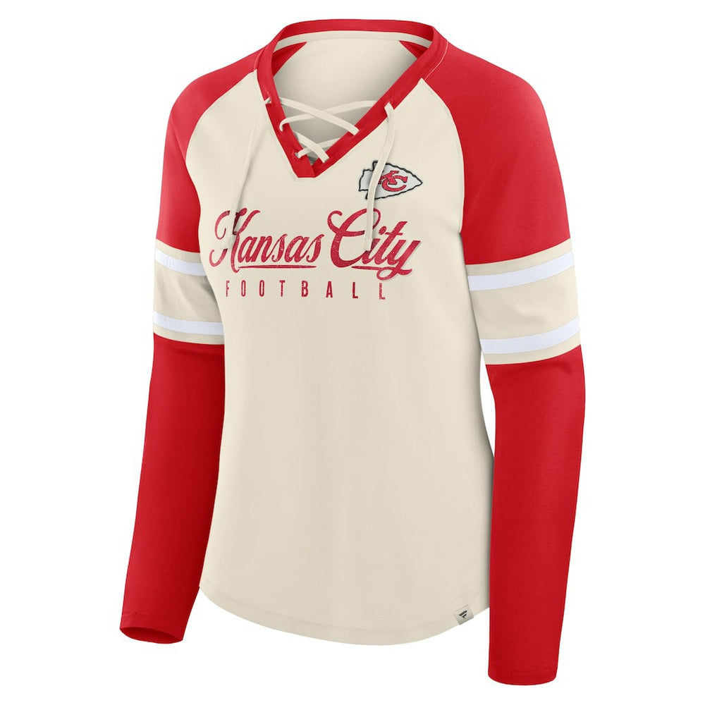 Kansas City Chiefs Women's Hometown Gridiron Hero Raglan Lace-Up V-Neck Long Sleeve T-Shirt - Cream/Red - Fanatics