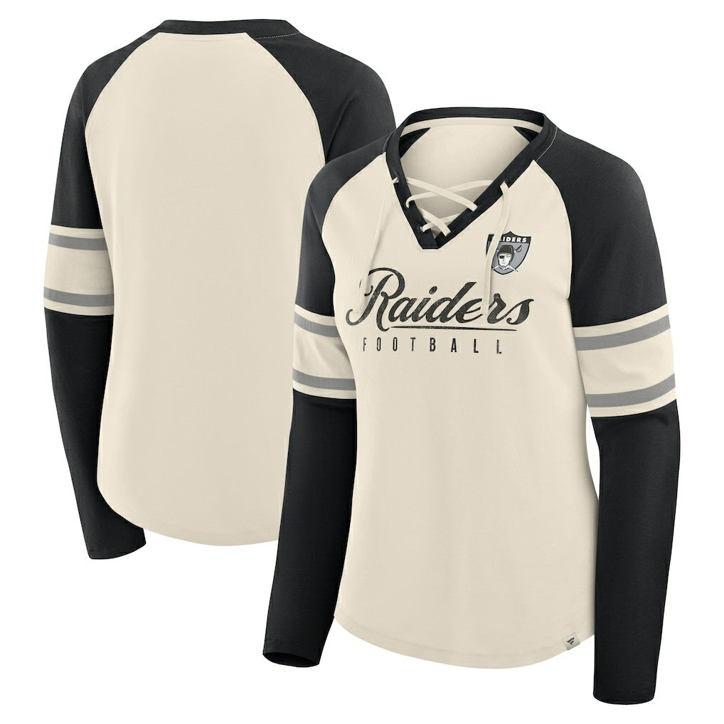 Las Vegas Raiders Women's Hometown Gridiron Hero Raglan Lace-Up V-Neck Long Sleeve T-Shirt - Cream/Black - Fanatics