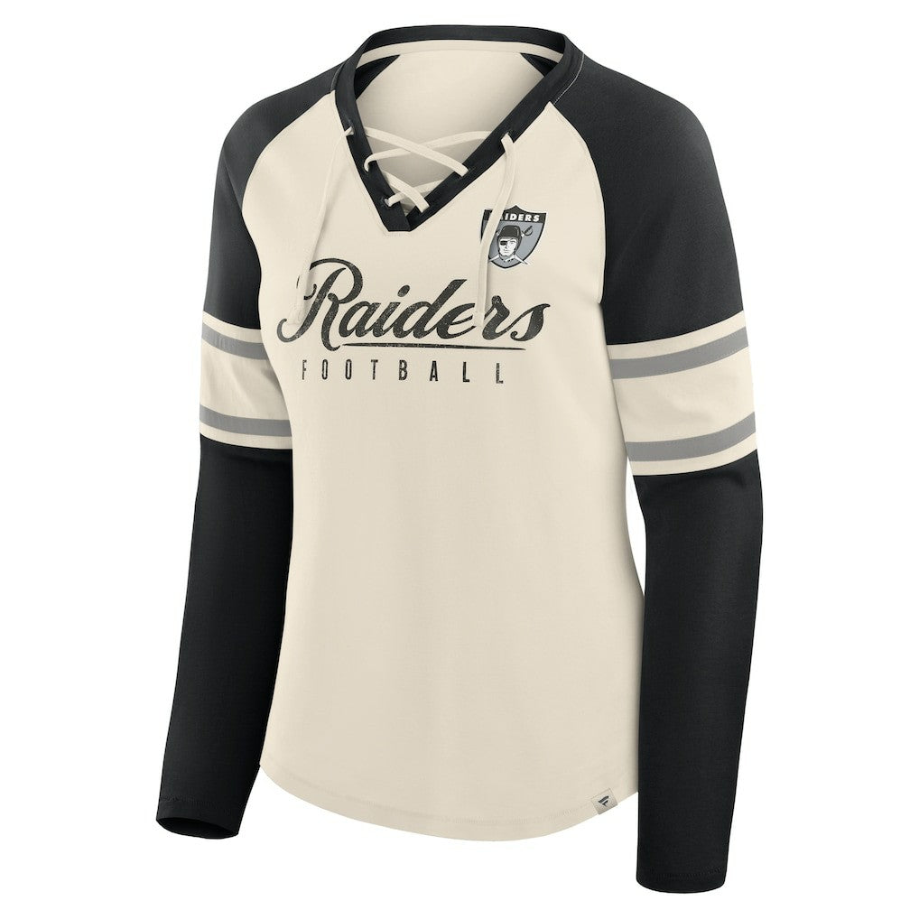 Las Vegas Raiders Women's Hometown Gridiron Hero Raglan Lace-Up V-Neck Long Sleeve T-Shirt - Cream/Black - Fanatics