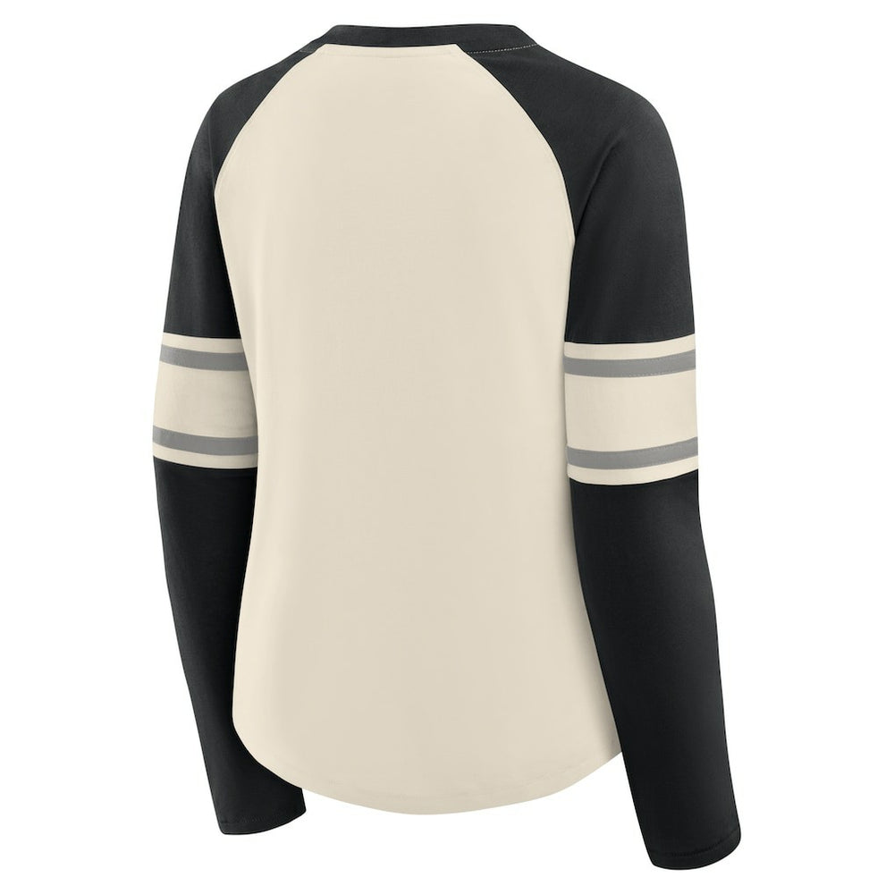 Las Vegas Raiders Women's Hometown Gridiron Hero Raglan Lace-Up V-Neck Long Sleeve T-Shirt - Cream/Black - Fanatics