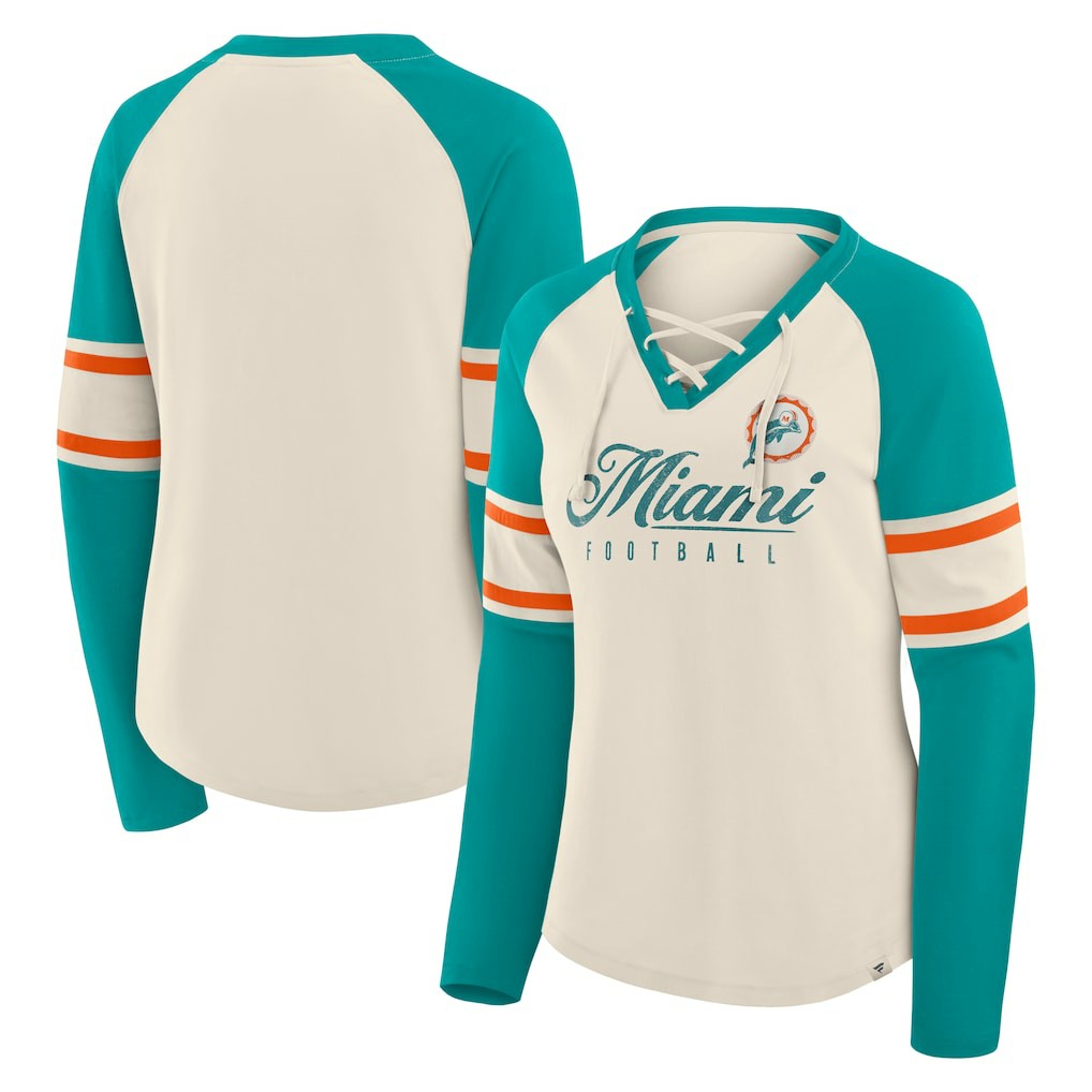 Miami Dolphins Women's Hometown Gridiron Hero Raglan Lace-Up V-Neck Long Sleeve T-Shirt - Cream/Aqua - Fanatics