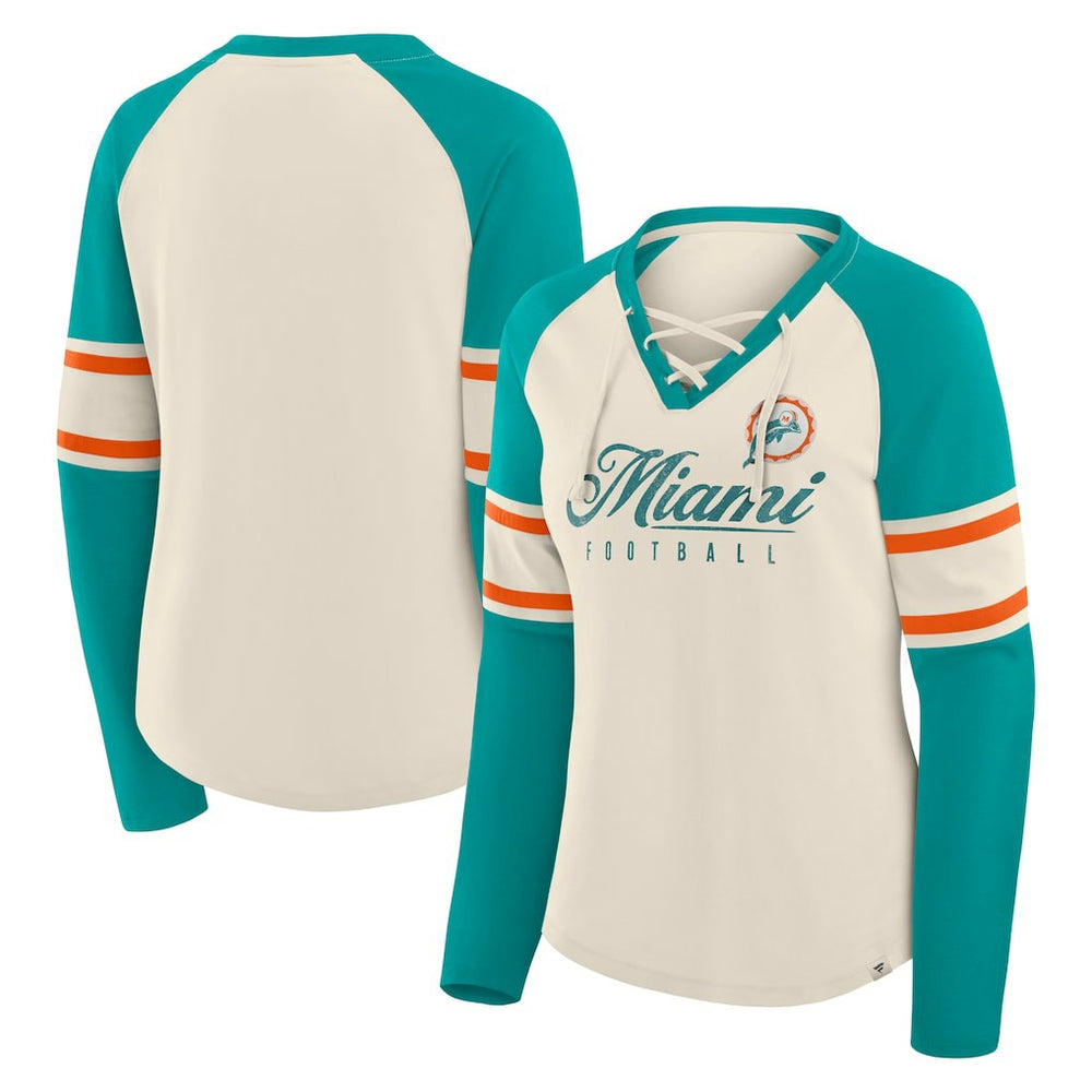 Miami Dolphins Women's Hometown Gridiron Hero Raglan Lace-Up V-Neck Long Sleeve T-Shirt - Cream/Aqua - Fanatics