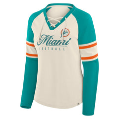 Miami Dolphins Women's Hometown Gridiron Hero Raglan Lace-Up V-Neck Long Sleeve T-Shirt - Cream/Aqua - Fanatics