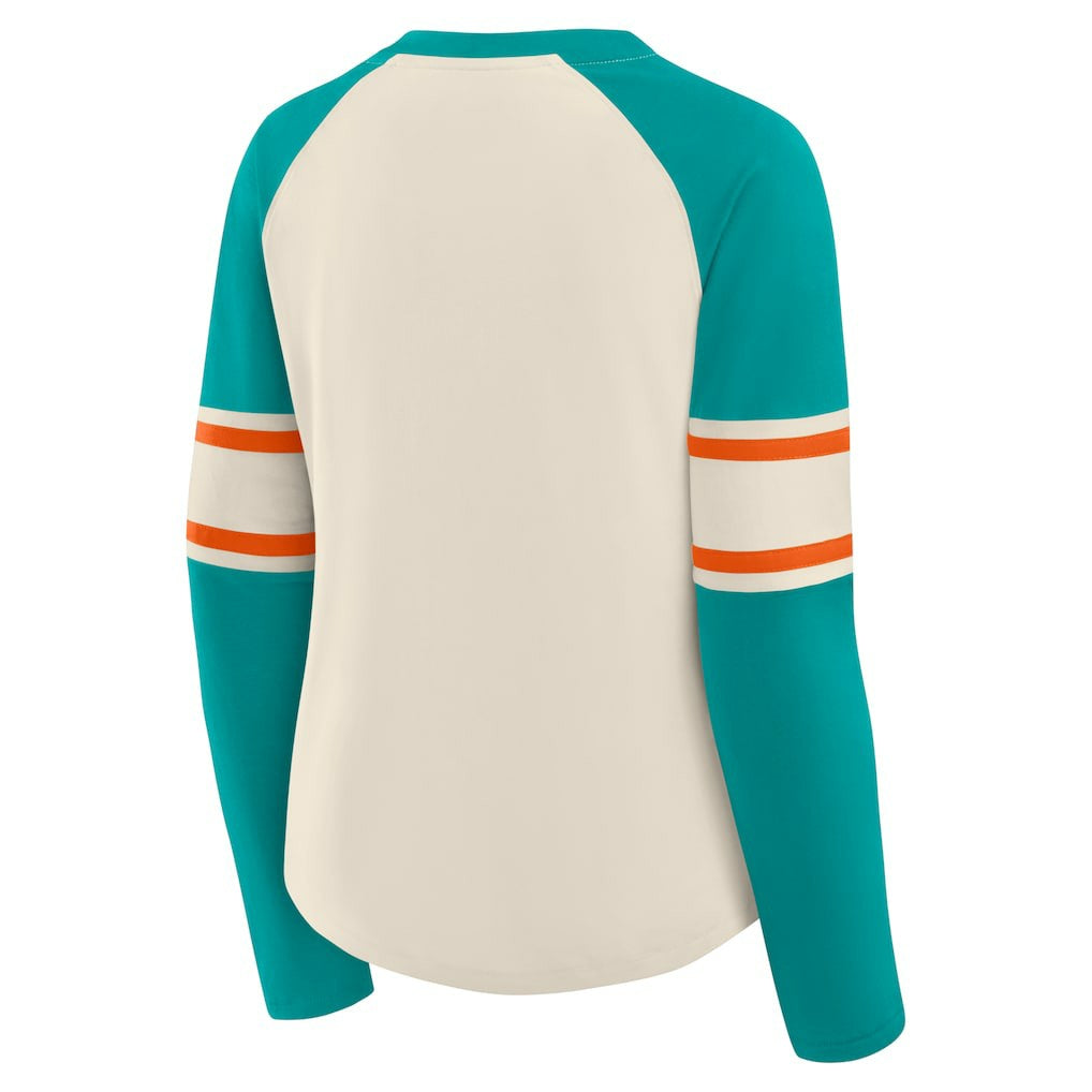 Miami Dolphins Women's Hometown Gridiron Hero Raglan Lace-Up V-Neck Long Sleeve T-Shirt - Cream/Aqua - Fanatics