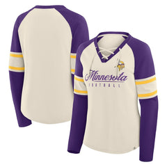 Minnesota Vikings Women's Hometown Gridiron Hero Raglan Lace-Up V-Neck Long Sleeve T-Shirt - Cream/Purple - Fanatics