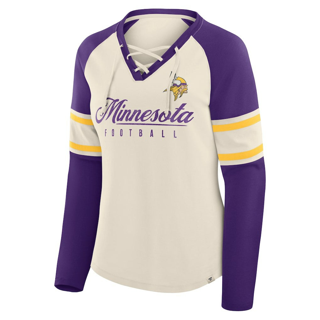 Minnesota Vikings Women's Hometown Gridiron Hero Raglan Lace-Up V-Neck Long Sleeve T-Shirt - Cream/Purple - Fanatics