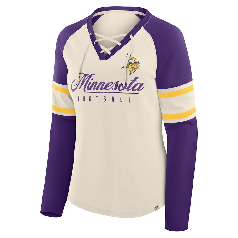 Minnesota Vikings Women's Hometown Gridiron Hero Raglan Lace-Up V-Neck Long Sleeve T-Shirt - Cream/Purple - Fanatics