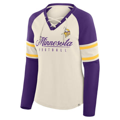 Minnesota Vikings Women's Hometown Gridiron Hero Raglan Lace-Up V-Neck Long Sleeve T-Shirt - Cream/Purple - Fanatics