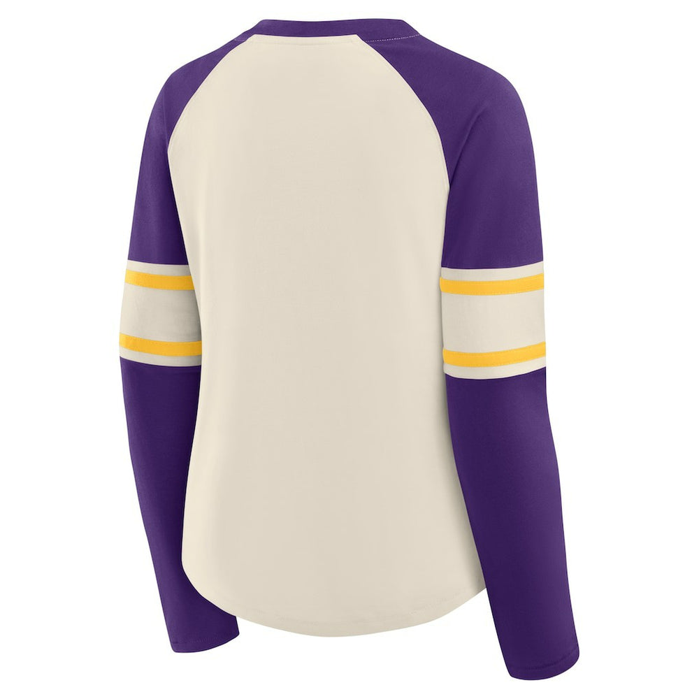 Minnesota Vikings Women's Hometown Gridiron Hero Raglan Lace-Up V-Neck Long Sleeve T-Shirt - Cream/Purple - Fanatics