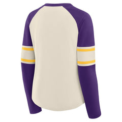 Minnesota Vikings Women's Hometown Gridiron Hero Raglan Lace-Up V-Neck Long Sleeve T-Shirt - Cream/Purple - Fanatics
