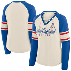 New England Patriots Women's Hometown Gridiron Hero Raglan Lace-Up V-Neck Long Sleeve T-Shirt - Cream/Royal - Fanatics