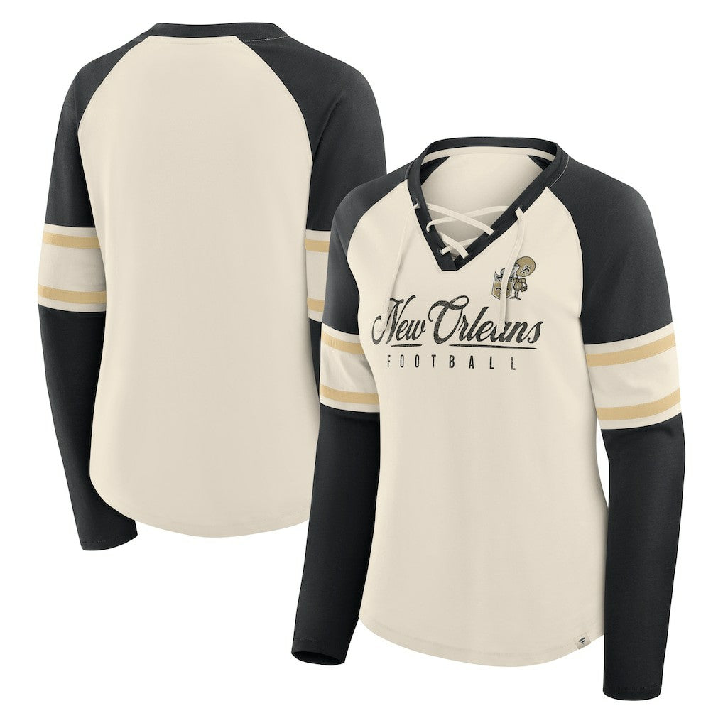 New Orleans Saints Women's Hometown Gridiron Hero Raglan Lace-Up V-Neck Long Sleeve T-Shirt - Cream/Black - Fanatics