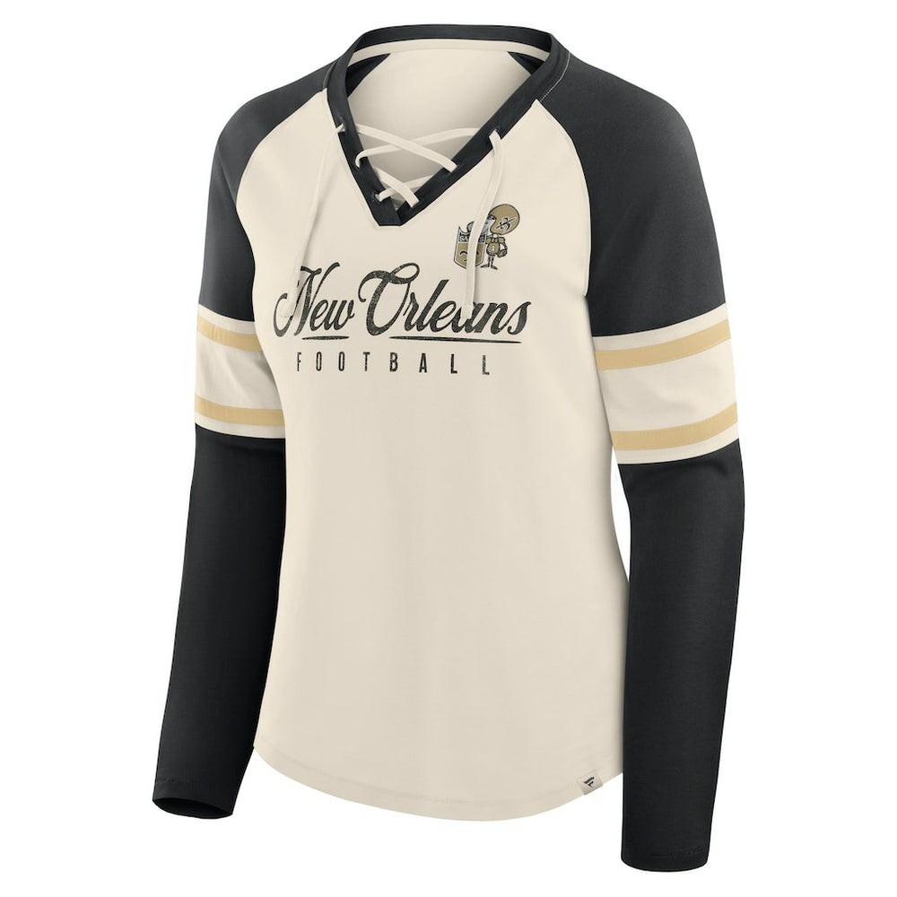 New Orleans Saints Women's Hometown Gridiron Hero Raglan Lace-Up V-Neck Long Sleeve T-Shirt - Cream/Black - Fanatics
