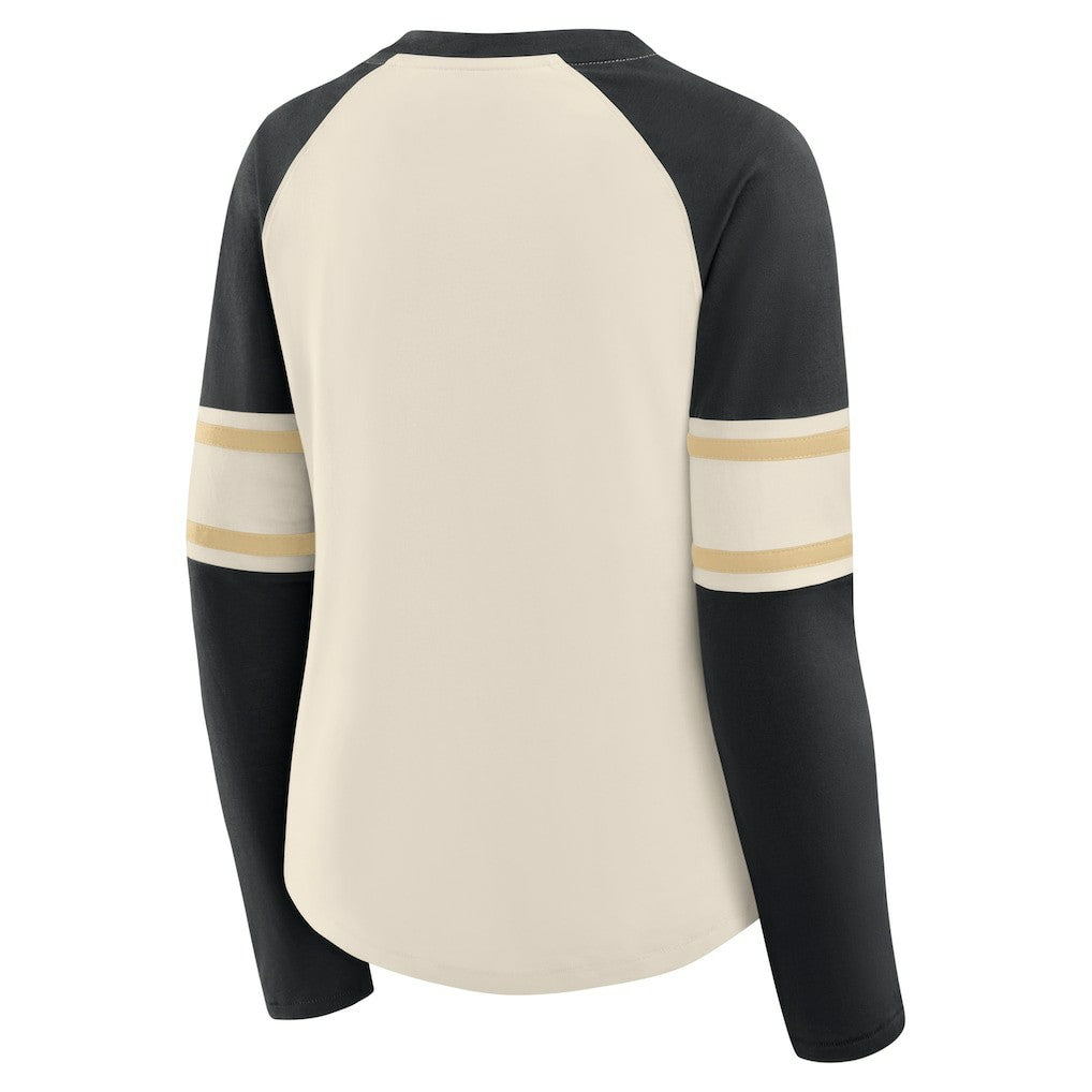 New Orleans Saints Women's Hometown Gridiron Hero Raglan Lace-Up V-Neck Long Sleeve T-Shirt - Cream/Black - Fanatics
