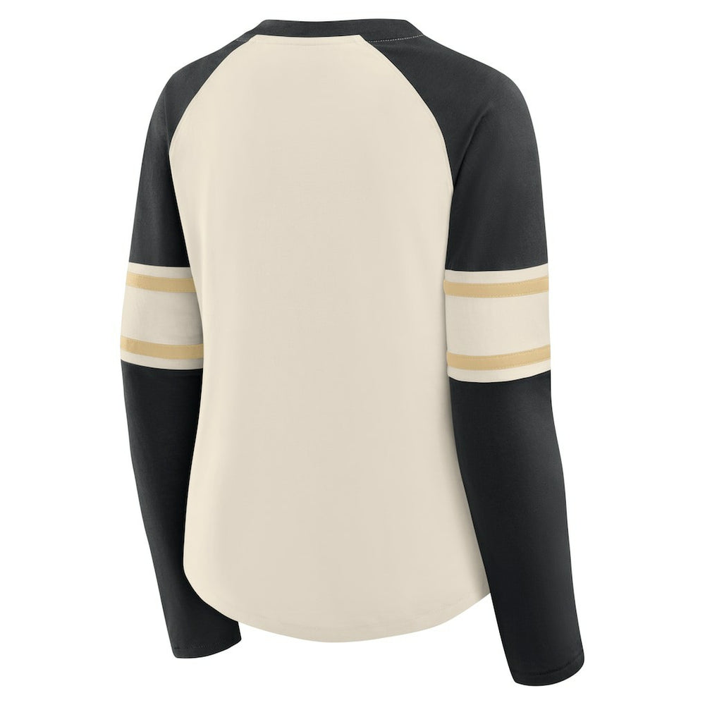 New Orleans Saints Women's Hometown Gridiron Hero Raglan Lace-Up V-Neck Long Sleeve T-Shirt - Cream/Black - Fanatics