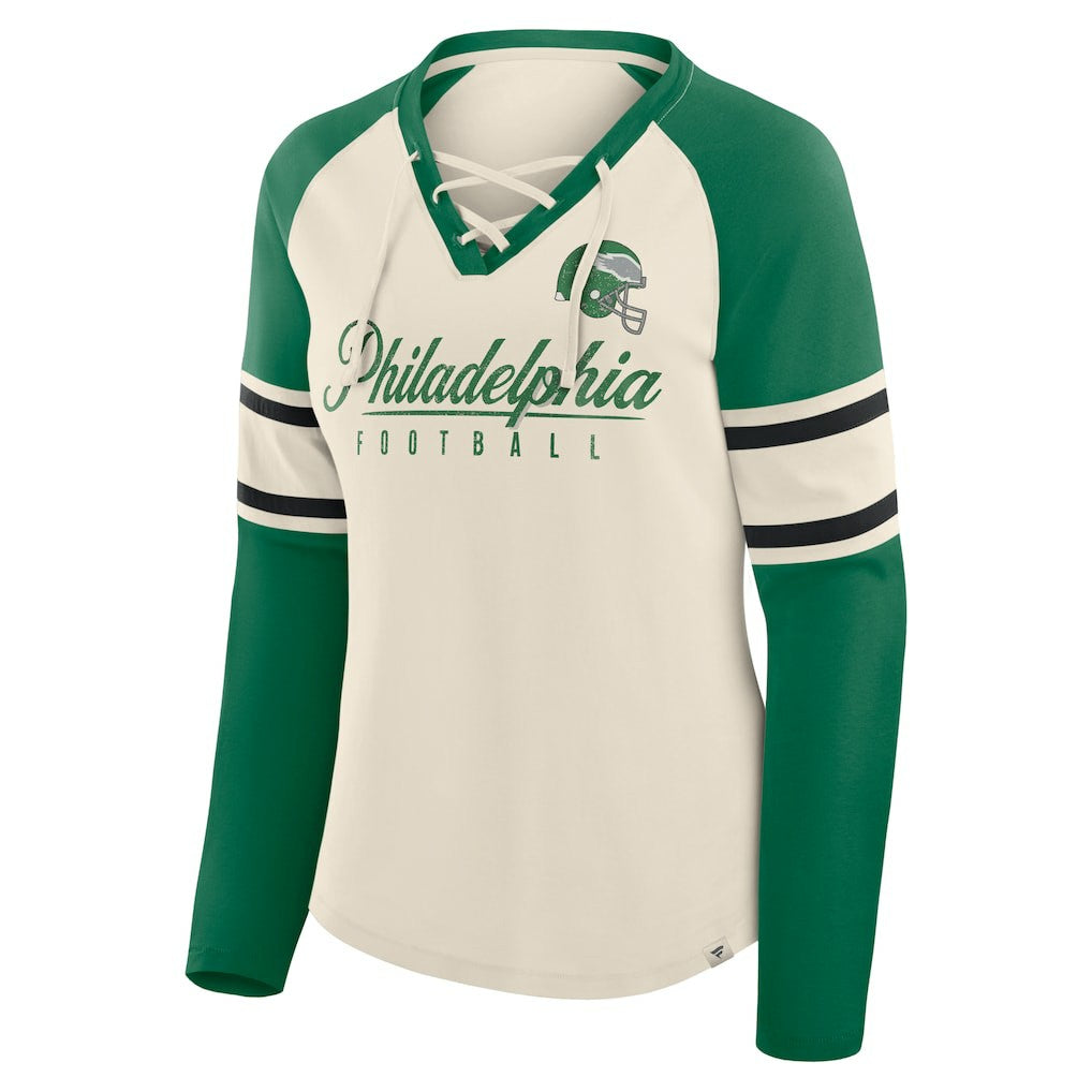 Philadelphia Eagles Women's Hometown Gridiron Hero Raglan Lace-Up V-Neck Long Sleeve T-Shirt - Cream/Kelly Green - Fanatics