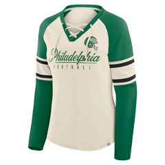 Philadelphia Eagles Women's Hometown Gridiron Hero Raglan Lace-Up V-Neck Long Sleeve T-Shirt - Cream/Kelly Green - Fanatics