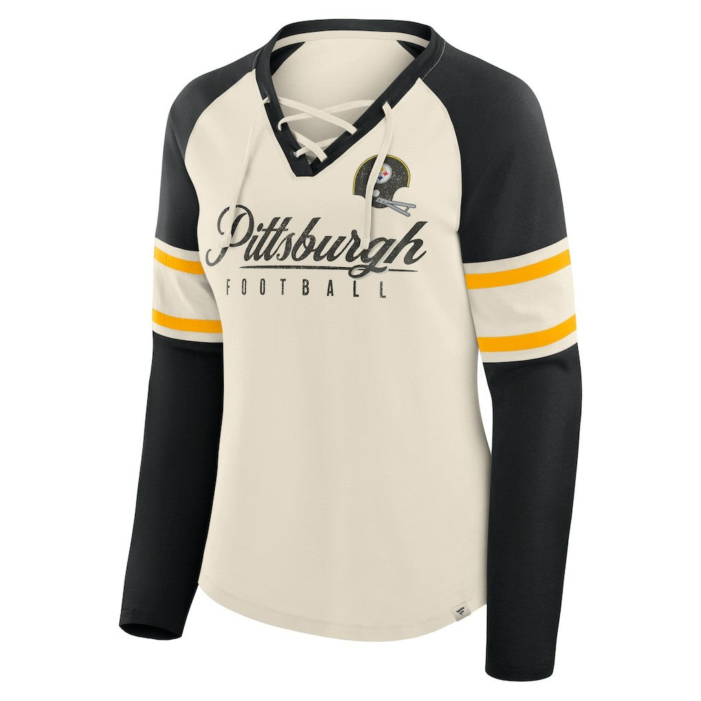 Pittsburgh Steelers Women's Hometown Gridiron Hero Raglan Lace-Up V-Neck Long Sleeve T-Shirt - Cream/Black - Fanatics